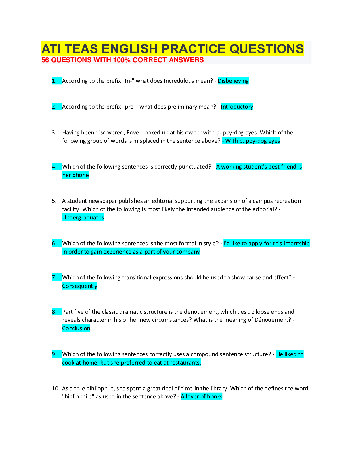 ATI TEAS ENGLISH PRACTICE QUESTIONS 56 QUESTIONS WITH 100% CORRECT ANSWERS